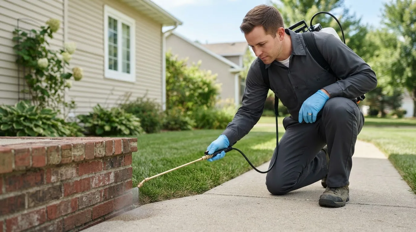 Pest control technician treating a home near South Wilmington, IL